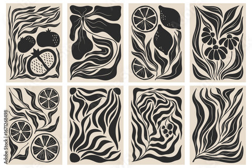 Abstract groovy leaves poster set with citrus fruits, pomegranates and flowing botanical patterns for retro decor. Monochrome wavy foliage designs with oranges, daisies and organic shapes