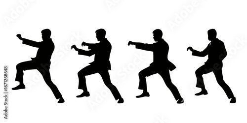Karate Silhouette Sequence 2:1 Wide Vector — Kata and Kick Poses for Dojo Training and Martial Arts Posters