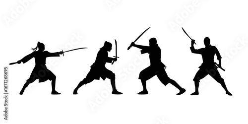 Samurai Sword Silhouette Sequence 2:1 Wide Vector — Katana Poses for Martial Arts, Bushido, and Historical Posters