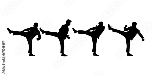Taekwondo Silhouette Sequence 2:1 Wide Vector — Kicks and Poomsae Poses for Dojang Training and Sports Posters