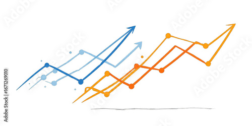Two overlapping upward trending lines, in blue and orange, with dotted lines connecting points