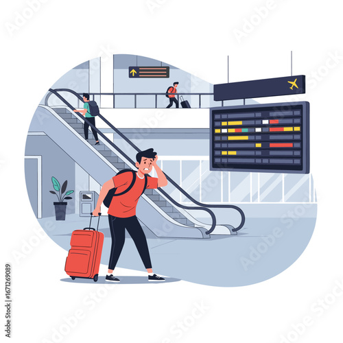 Stressed traveler with luggage checks departure board, experiencing travel anxiety at airport