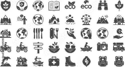 Eco tourism adventure travel icons set vector illustration graphic design