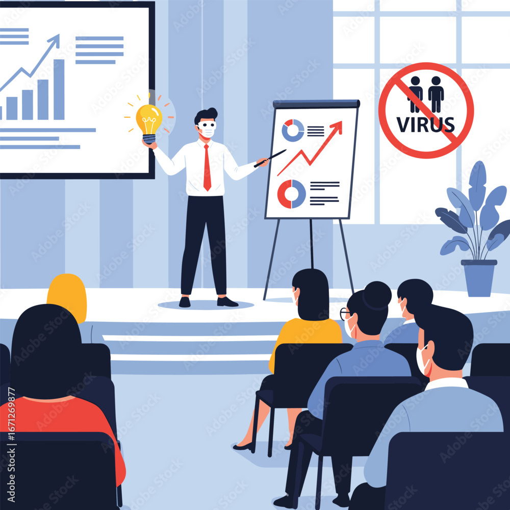 Obraz premium Confident presenter shares idea with masked audience during safe business meeting and strategy presentation.