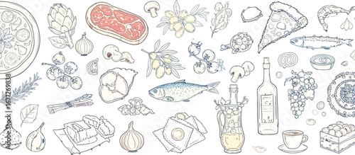 Italian cuisine food ingredients drawing vector illustration background