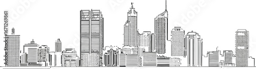 Cityscape outline drawing of urban skyline with buildings and skyscrapers