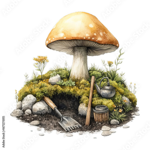 Fantasy mushroom artwork with soil digging and gardening tools