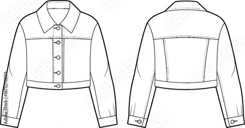 Cropped jacket technical sketch front and back view with collar, button closure, yoke, cuffs, waistband—fashion design vector illustration