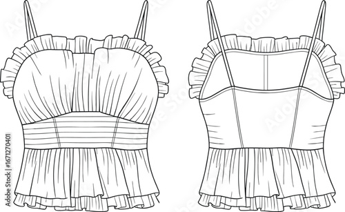 Sleeveless top technical sketch, front and back view, ruched bodice, pleated waistband, ruffled hem, fashion flat drawing, garment design