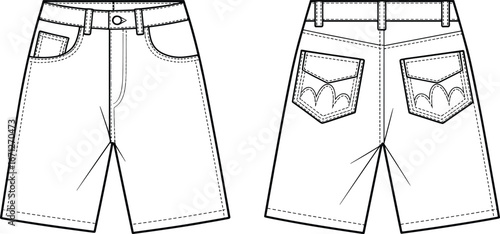 Technical fashion illustration of casual shorts, front and back view, detailed stitching, waistband, belt loops, pockets, apparel design drawing, garment construction