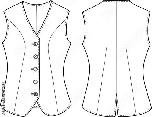 Technical fashion illustration of women’s tailored vest, front and back view, V‑neckline, button closure, princess seams, garment construction, apparel design, sewing sketch