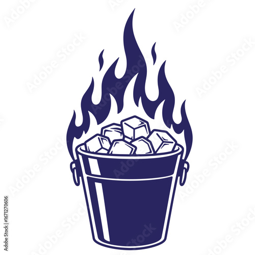 Ice bucket with ice cubes surrounded by blue flames in minimalist vector illustration