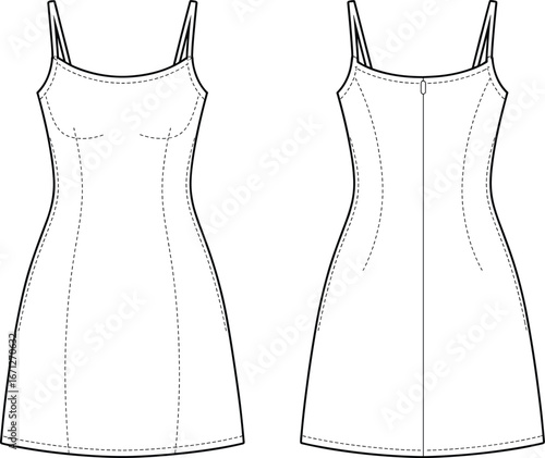 Technical fashion illustration, sleeveless dress design, front and back view, princess seams, bust darts, flared skirt, garment construction, apparel sketch