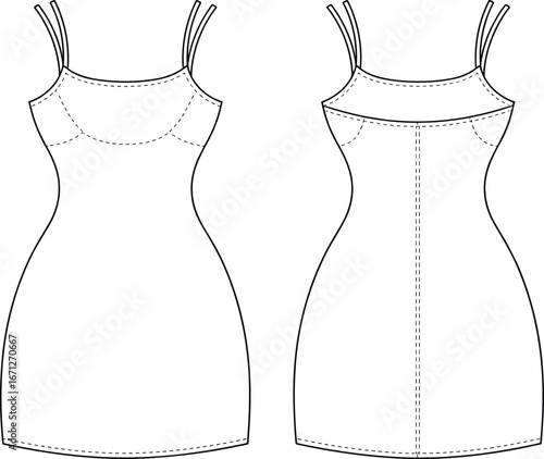Technical fashion illustration, sleeveless dress design, scoop neckline, double straps, princess seams, garment construction, apparel sketch, front and back view