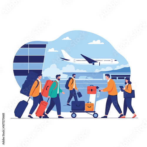 People with luggage at airport terminal watching plane takeoff for travel adventure
