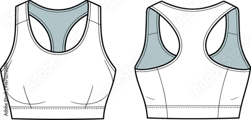 Technical fashion illustration, sports bra front and back view, racerback design, scoop neckline, garment construction details, sewing pattern, apparel design sketch, activewear CAD template