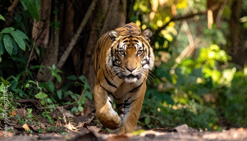 Majestic tiger strides through lush green jungle foliage