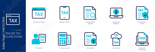 Online Tax Filing Blue Colored Outline Icon Set
