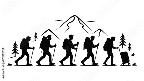 Silhouetted hikers with poles and luggage trek against mountain backdrop trekking mountains
