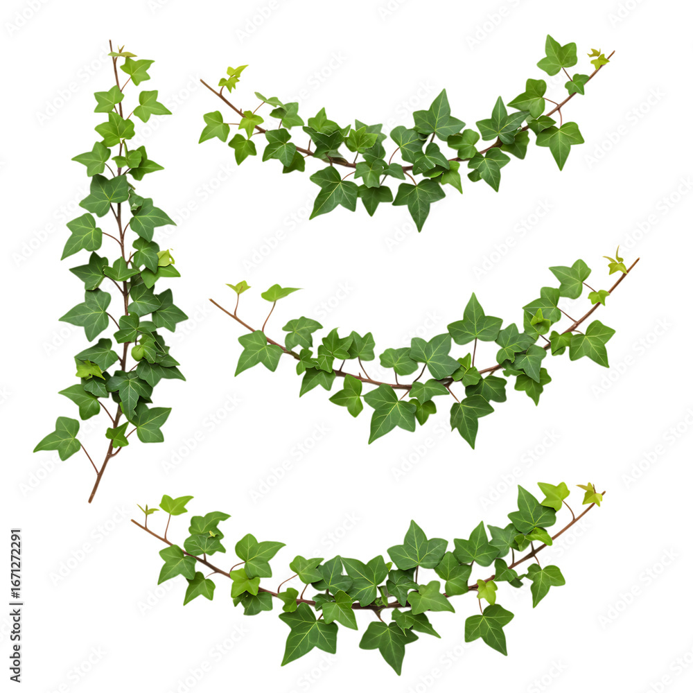 Fototapeta premium Realistic English Ivy vine, lush green leaves with natural texture, isolated on white background. Shown in different arrangements (single strand, small cluster, curved shape, diagonal line). High reso