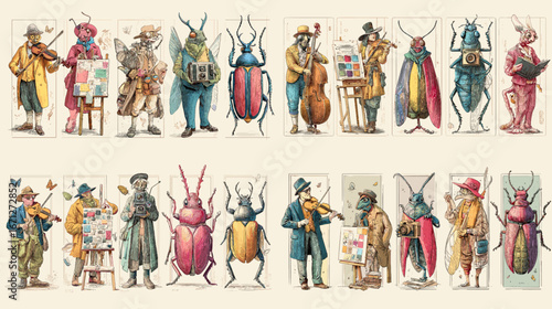 Whimsical beetles and insects dressed as musicians and artists, playing instruments and painting in fantasy watercolor style.
