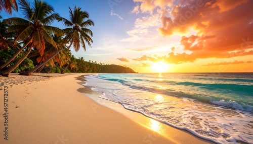 Fototapeta Naklejka Na Ścianę i Meble -  Idyllic tropical beach sunset; calm waves lap the pale sand, palm trees line the shore