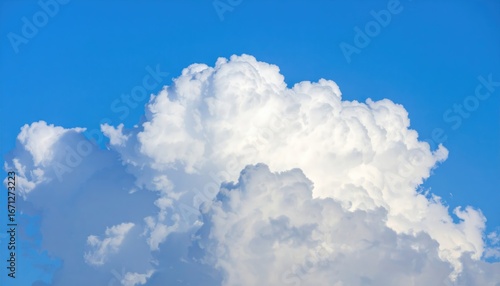Fluffy cumulus clouds drift across a vibrant blue summer sky