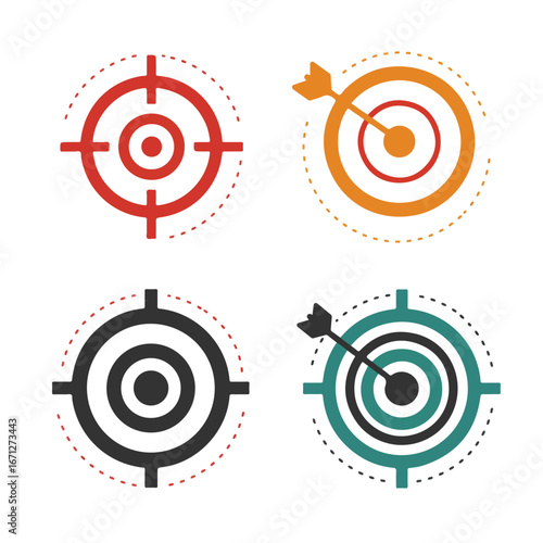Target vectors Goals, crosshairs, arrows, dotted lines on white background