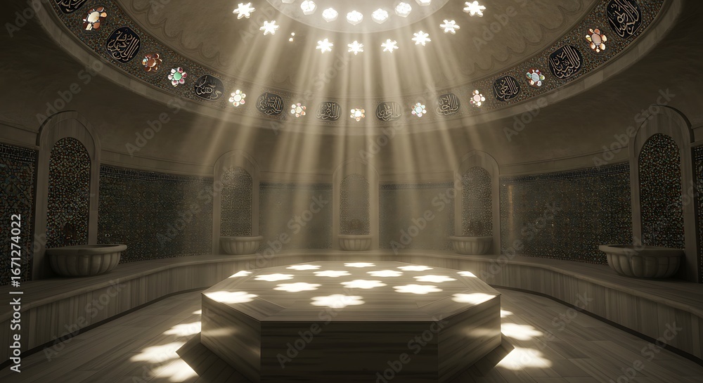 Obraz premium Interior view of a domed room with light streaming through patterned openings in the ceiling, illuminating the space.