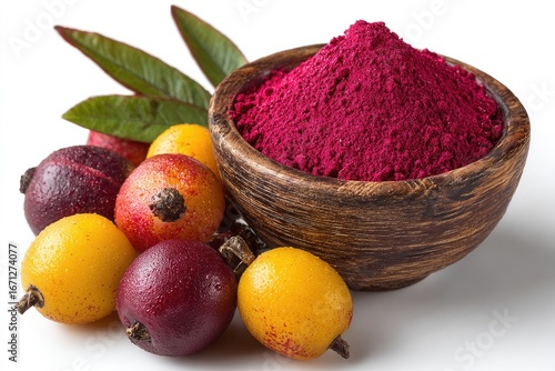 Purple powder in bowl, with fruits