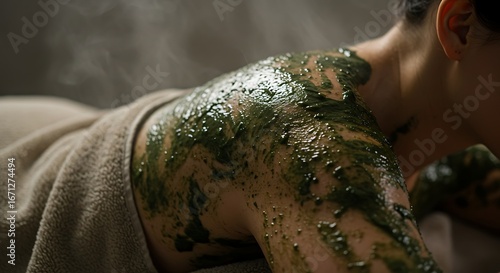 Close-up of a person's shoulder and back covered in a green herbal treatment, with steam rising.