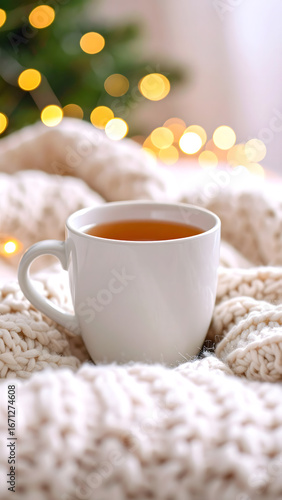 Wallpaper Mural  Cozy winter morning with a comforting cup of hot tea resting on a chunky knit blanket near blurred festive lights Torontodigital.ca