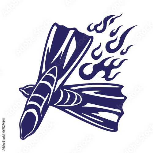 Navy blue scuba diving fins with tribal flames isolated on white background