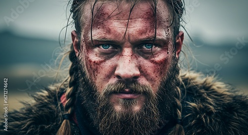 Intense viking warrior portrait with bloody face and piercing blue eyes ready for battle or historical drama