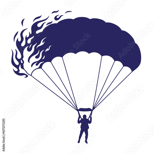 Silhouette of a skydiver descending with burning parachute on white background