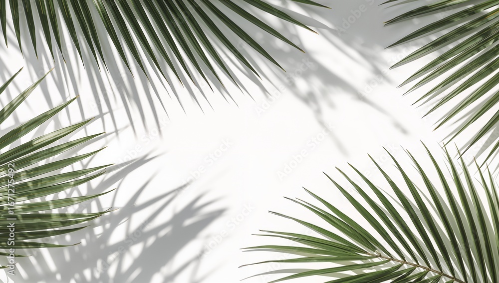 Obraz premium Fresh green palm fronds cast delicate shadows on a bright white backdrop, creating a tranquil and elegant aesthetic.