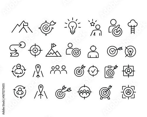 Set of outline icons related to aim, target, goal, achievement, headhunting, employment