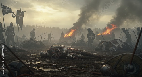 Medieval battle scene with fallen knights and burning pyres evokes strength and somber reflection