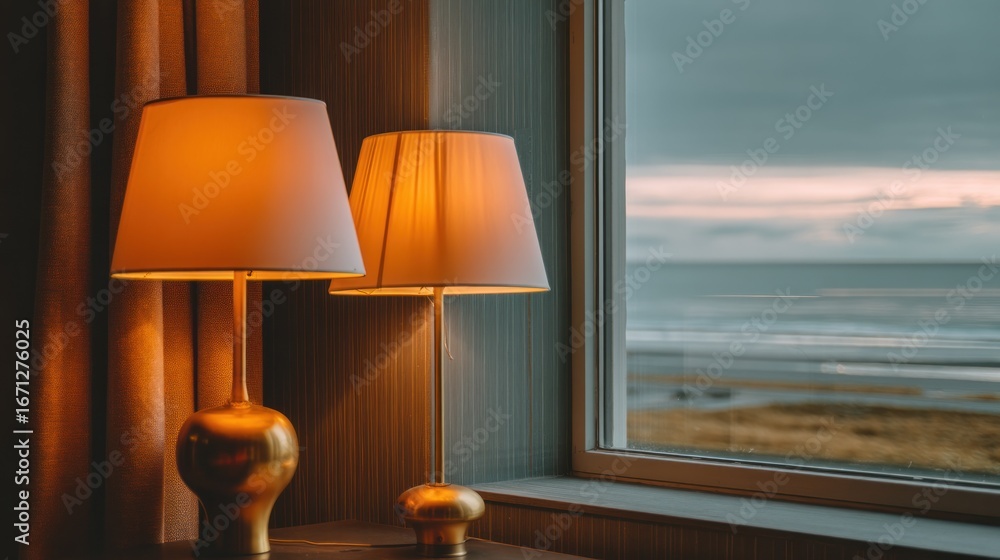 Obraz premium Warm table lamps by window ocean view
