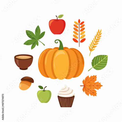 Autumn icon set featuring leaves, pumpkins, acorns, and harvest baskets. Perfect for seasonal design, Thanksgiving, and fall-themed creative projects