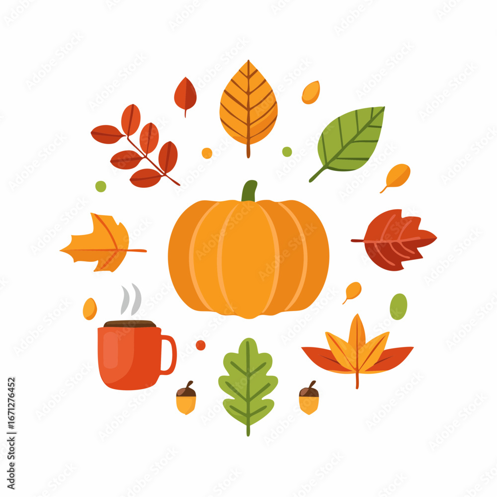 Fototapeta premium Autumn icon set featuring leaves, pumpkins, acorns, and harvest baskets. Perfect for seasonal design, Thanksgiving, and fall-themed creative projects
