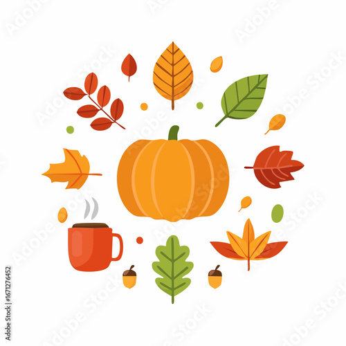 Autumn icon set featuring leaves, pumpkins, acorns, and harvest baskets. Perfect for seasonal design, Thanksgiving, and fall-themed creative projects