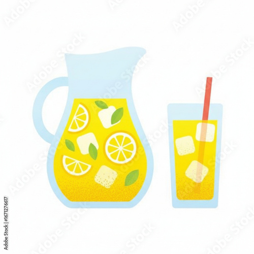 Vibrant illustration of refreshing lemonade. A pitcher and glass filled with zesty lemon slices, cool ice, and fresh mint leaves, perfect summer beverage graphic