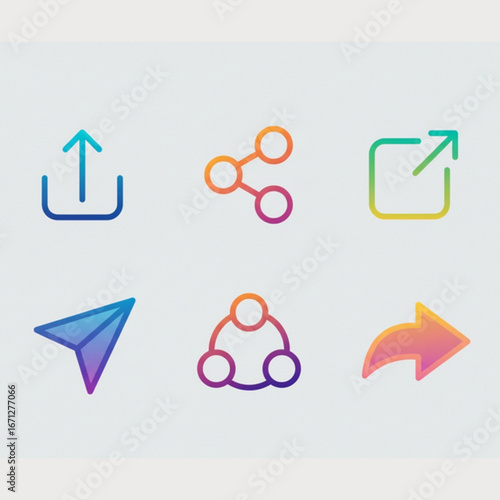 Icon Set of Share, Send, and Network Symbols in a Modern, Gradient Style for Digital Communication and Web Design