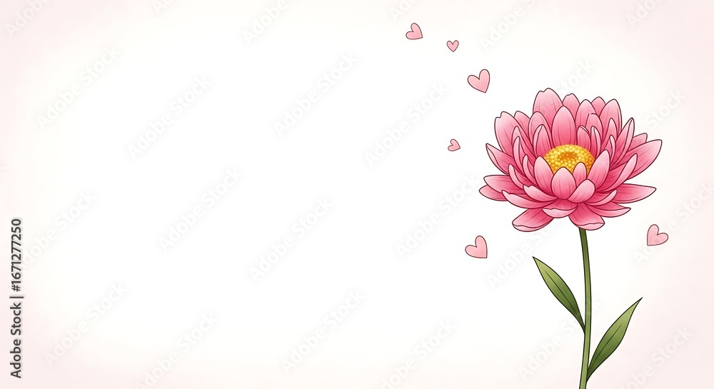 Naklejka premium Pink Flower with Floating Hearts.