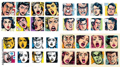 Colorful retro comic illustration of expressive faces showing anger, shock, and dramatic emotions in vintage pop art style.