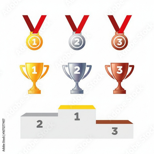 Complete awards collection gold, silver, bronze medals, trophy cups, and a winner's podium. Representing victory, achievement, and success in competition and recognition