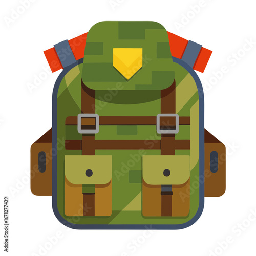 Green camouflage backpack with buckles and pockets