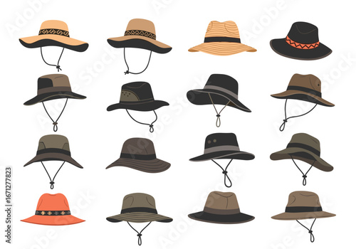 Collection of various outdoor adventure hats for sun protection and style for men and women