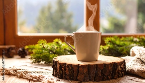 Cozy Hot Drink by Window, Mountain View